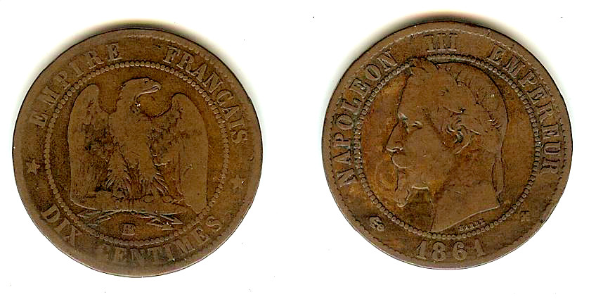 Dix centimes Napoléon III, tête laurée 1861 Strasbourg TB